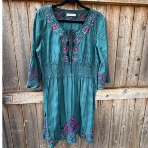 3J Workshop Johnny Was teal green striped DRESS embroidered peasant XL